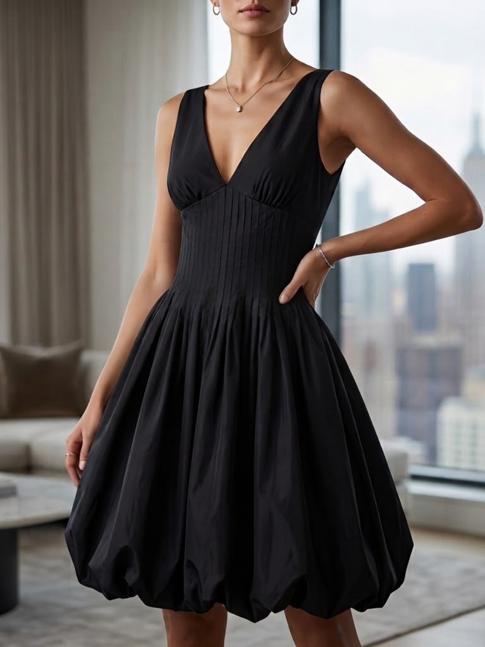 Rickie Freeman for Teri Jon Black Sleeveless V-Neck Bubble Hem Dress Size M